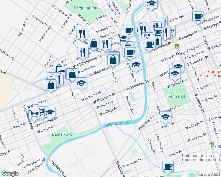 map of restaurants, bars, coffee shops, grocery stores, and more near 442 Salem Avenue in York