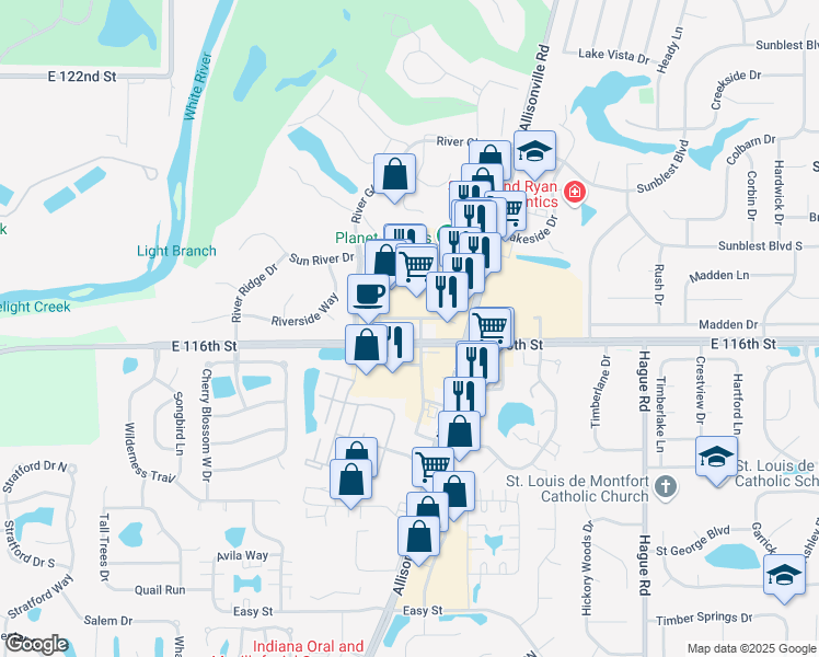 map of restaurants, bars, coffee shops, grocery stores, and more near 7270 East 116th Street in Fishers
