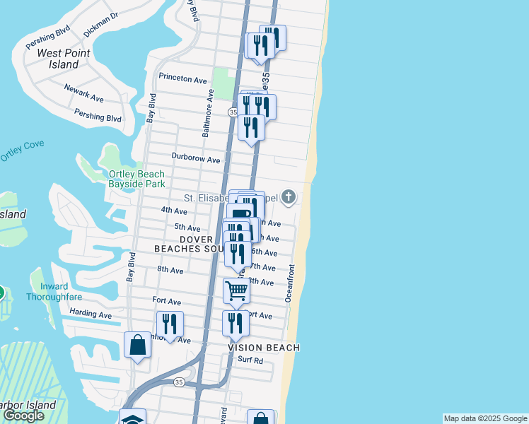map of restaurants, bars, coffee shops, grocery stores, and more near 6 Nichols Avenue in Seaside Heights