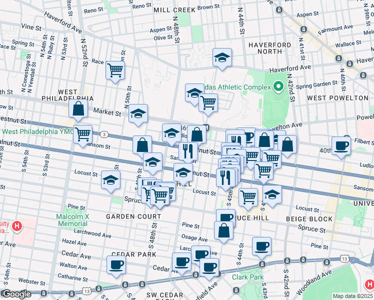 map of restaurants, bars, coffee shops, grocery stores, and more near 4704 Chestnut Street in Philadelphia