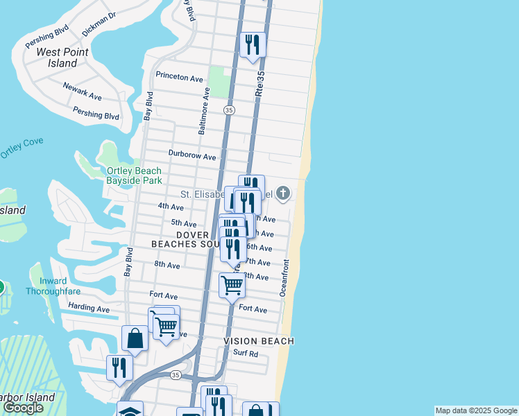 map of restaurants, bars, coffee shops, grocery stores, and more near 6 Nichols Avenue in Seaside Heights