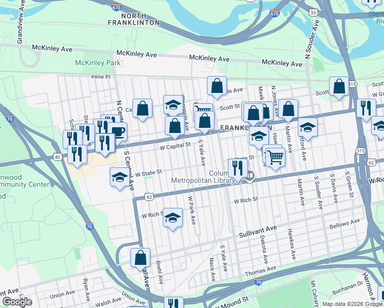 map of restaurants, bars, coffee shops, grocery stores, and more near 68 West Park Avenue in Columbus