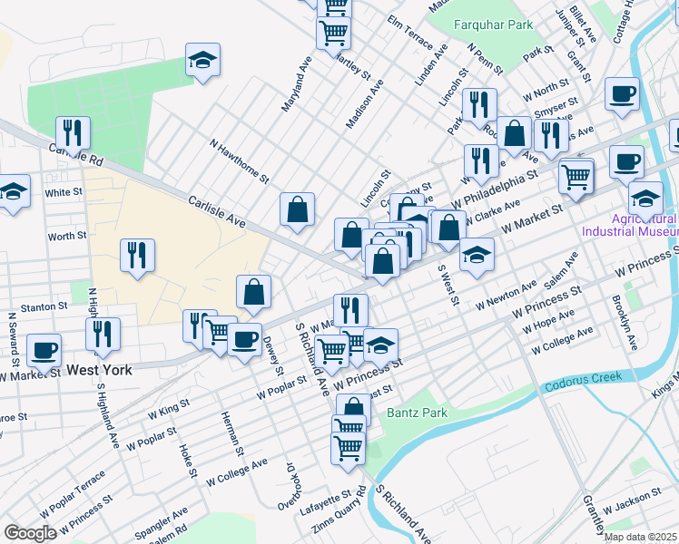 map of restaurants, bars, coffee shops, grocery stores, and more near 48 Carlisle Avenue in York