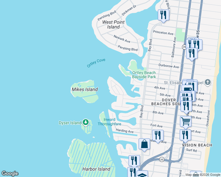map of restaurants, bars, coffee shops, grocery stores, and more near 435 Harborside Drive East in Seaside Heights