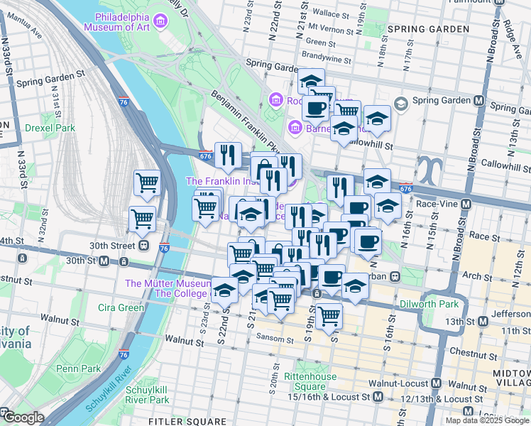 map of restaurants, bars, coffee shops, grocery stores, and more near 142 North 21st Street in Philadelphia