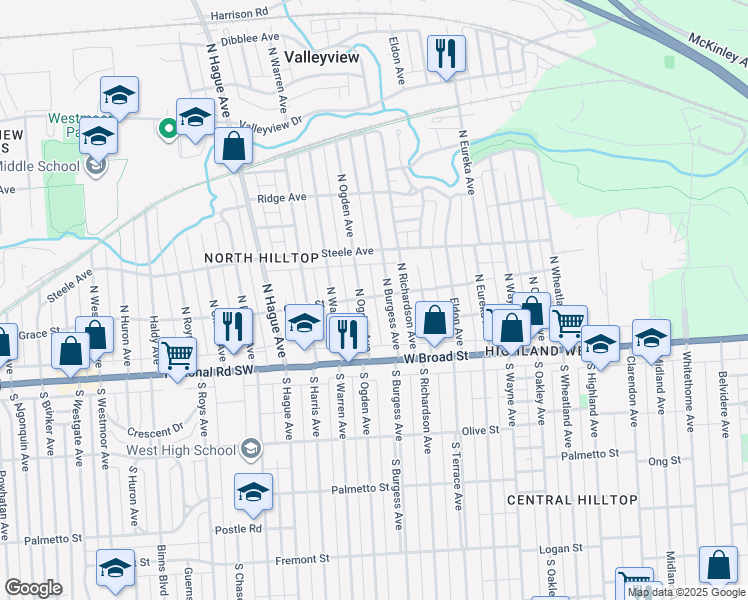 map of restaurants, bars, coffee shops, grocery stores, and more near 2599 Grace Street in Columbus