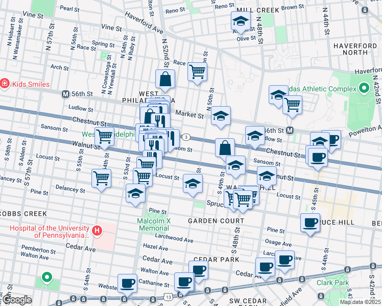 map of restaurants, bars, coffee shops, grocery stores, and more near 5012 Sansom Street in Philadelphia