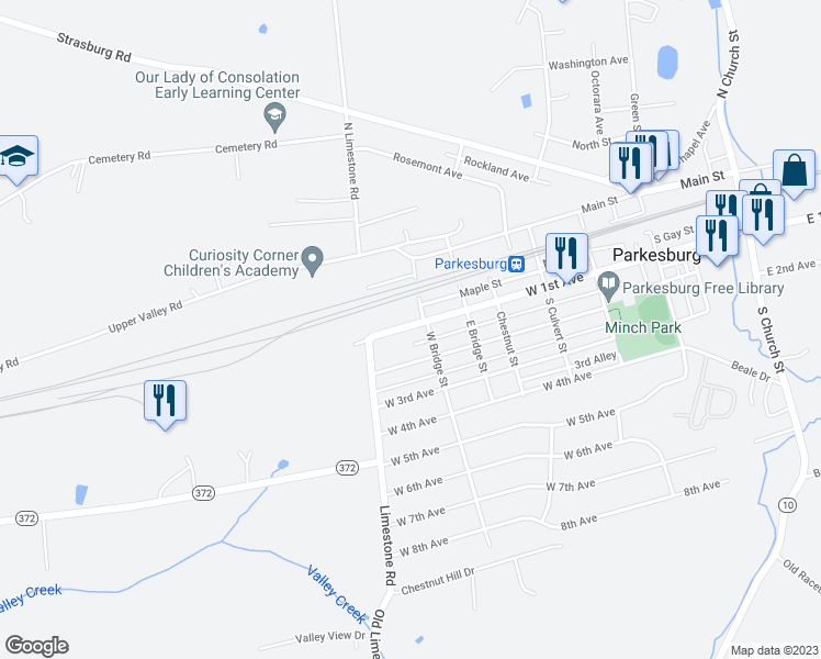 map of restaurants, bars, coffee shops, grocery stores, and more near 810 West 1st Avenue in Parkesburg