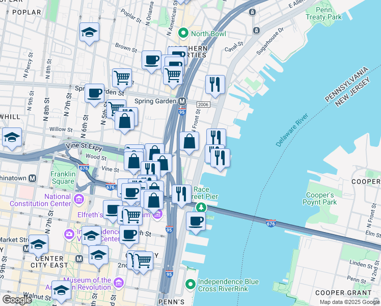 map of restaurants, bars, coffee shops, grocery stores, and more near 401-11 North Front Street in Philadelphia