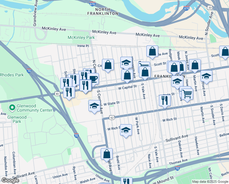 map of restaurants, bars, coffee shops, grocery stores, and more near 39 Dana Avenue in Columbus