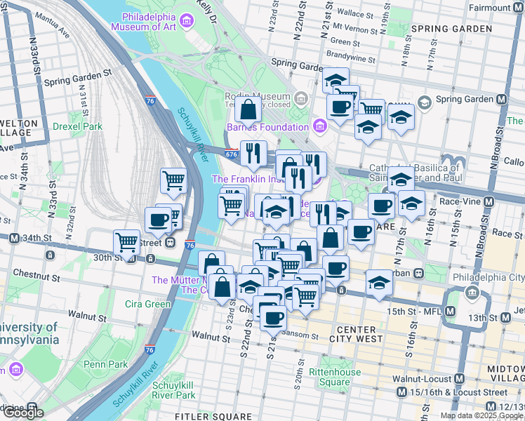 map of restaurants, bars, coffee shops, grocery stores, and more near 2201 Cherry Street in Philadelphia
