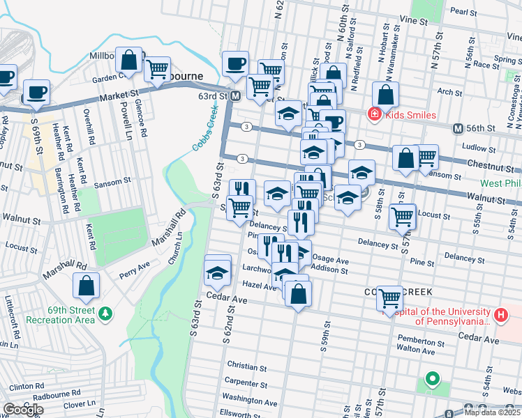 map of restaurants, bars, coffee shops, grocery stores, and more near 6137 Spruce Street in Philadelphia