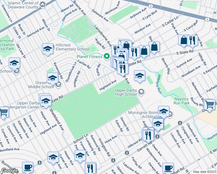 map of restaurants, bars, coffee shops, grocery stores, and more near 2336 Highland Avenue in Upper Darby