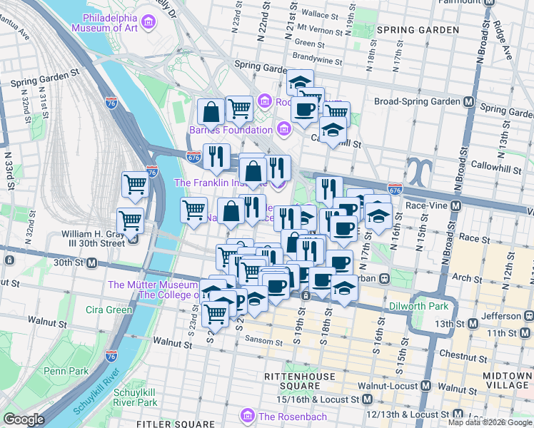 map of restaurants, bars, coffee shops, grocery stores, and more near in Philadelphia