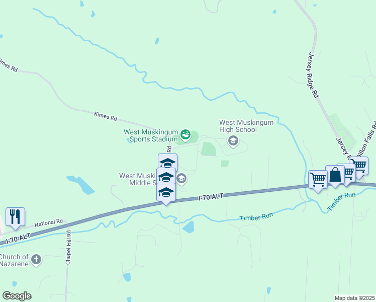 map of restaurants, bars, coffee shops, grocery stores, and more near 200 Kims Road in Zanesville