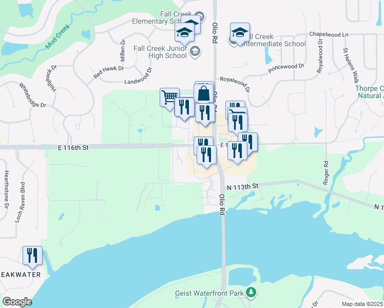 map of restaurants, bars, coffee shops, grocery stores, and more near 13681 East 116th Street in Fishers