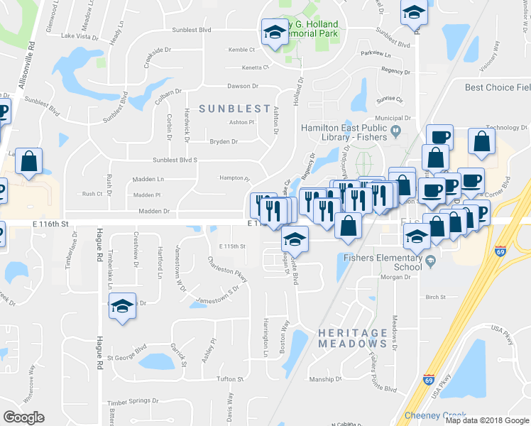 map of restaurants, bars, coffee shops, grocery stores, and more near 8210 East 116th Street in Fishers