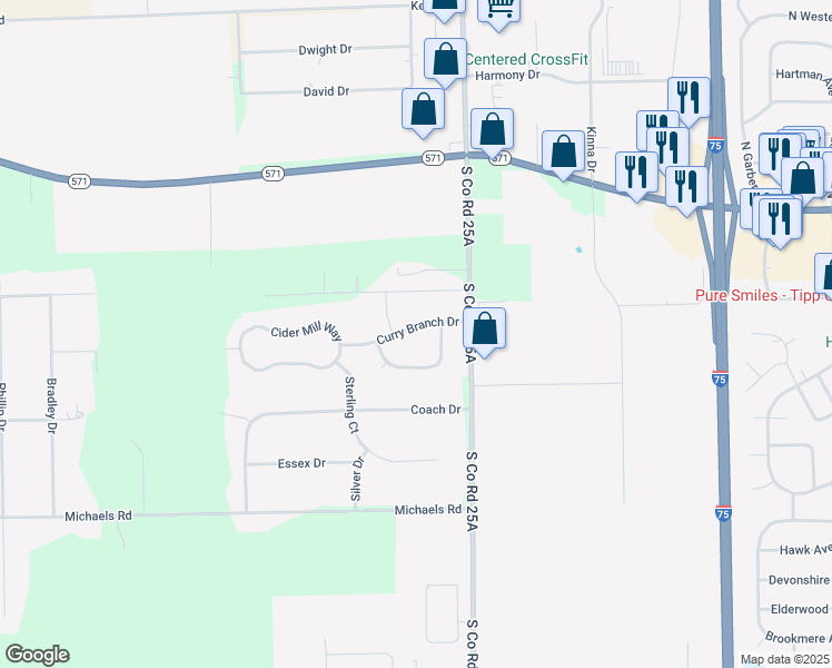 map of restaurants, bars, coffee shops, grocery stores, and more near 1724 Curry Branch Dr in Tipp City