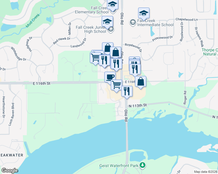 map of restaurants, bars, coffee shops, grocery stores, and more near 13681 East 116th Street in Fishers