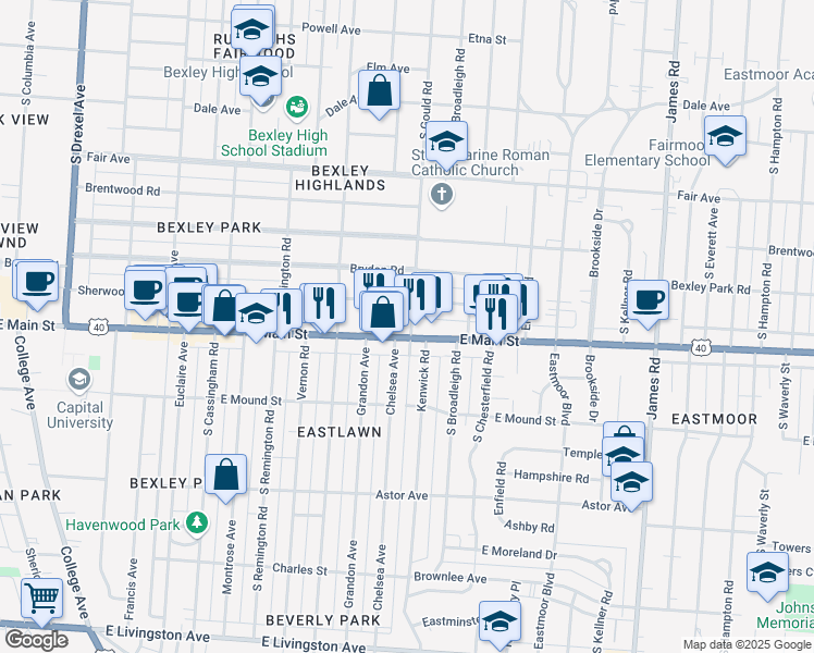 map of restaurants, bars, coffee shops, grocery stores, and more near 2774 East Main Street in Bexley