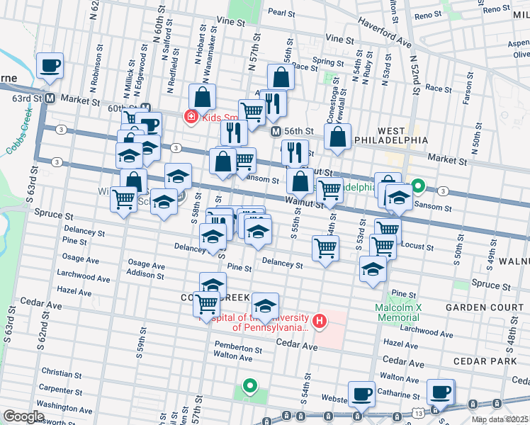 map of restaurants, bars, coffee shops, grocery stores, and more near 5562 Chancellor Street in Philadelphia