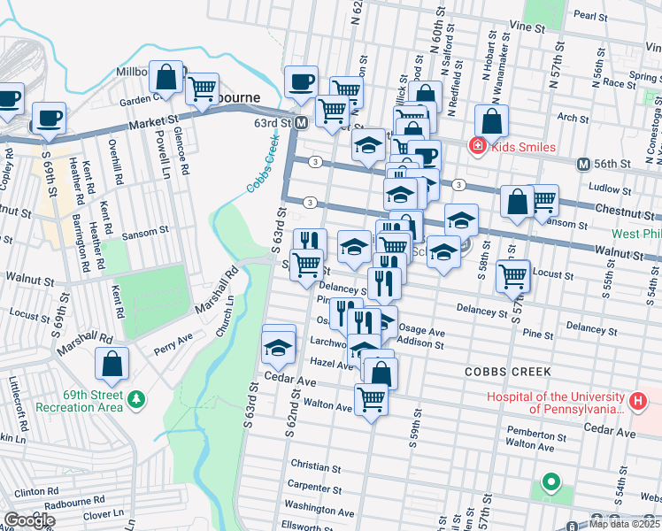 map of restaurants, bars, coffee shops, grocery stores, and more near 6141 Spruce Street in Philadelphia