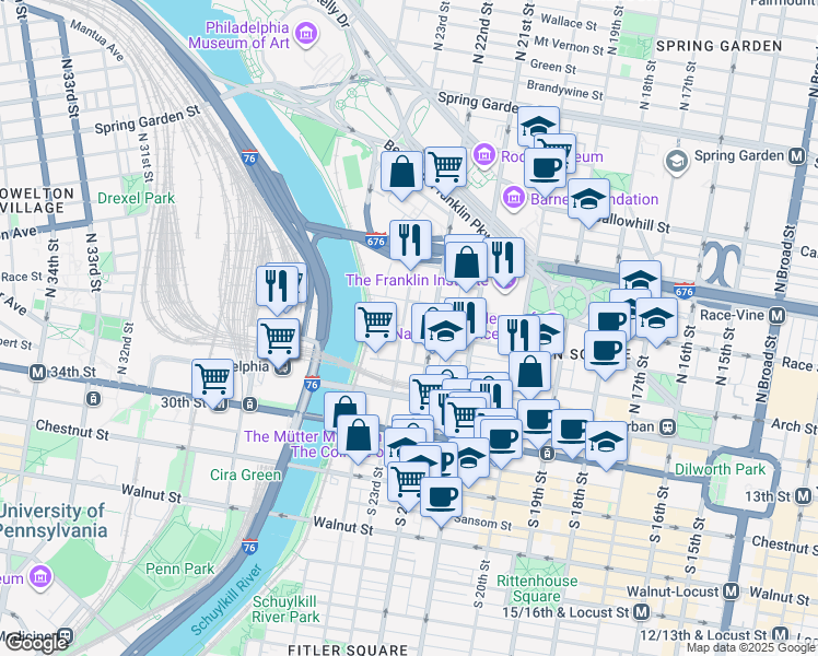 map of restaurants, bars, coffee shops, grocery stores, and more near 2300 Cherry Street in Philadelphia