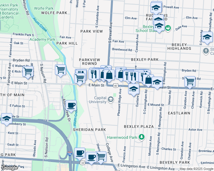 map of restaurants, bars, coffee shops, grocery stores, and more near E Main St & S Drexel Ave in Bexley