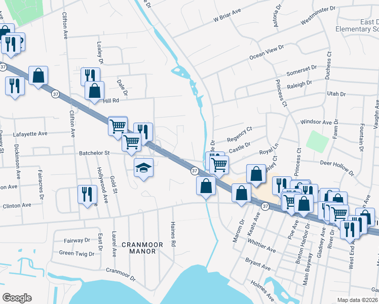 map of restaurants, bars, coffee shops, grocery stores, and more near 704 Batchelor Street in Toms River