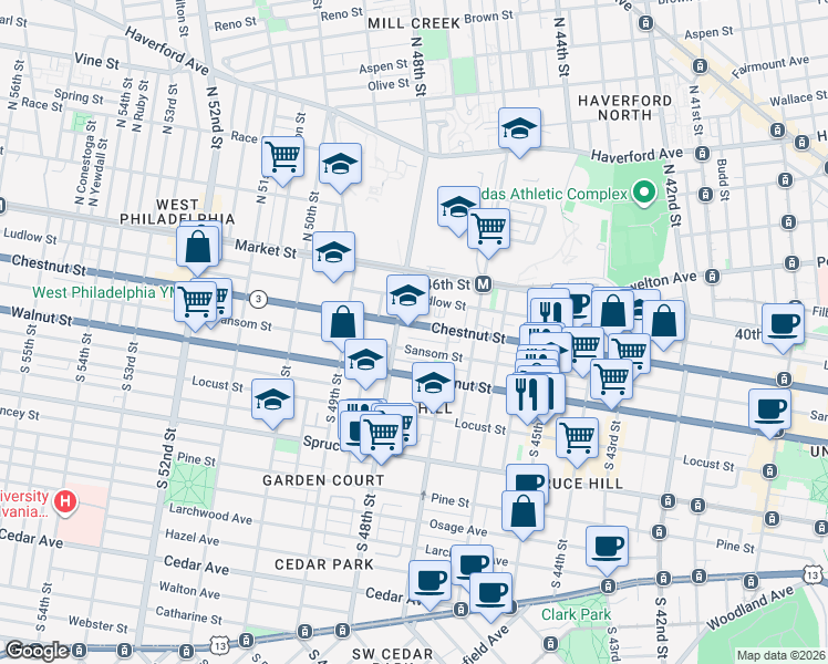 map of restaurants, bars, coffee shops, grocery stores, and more near 4712 Chestnut Street in Philadelphia