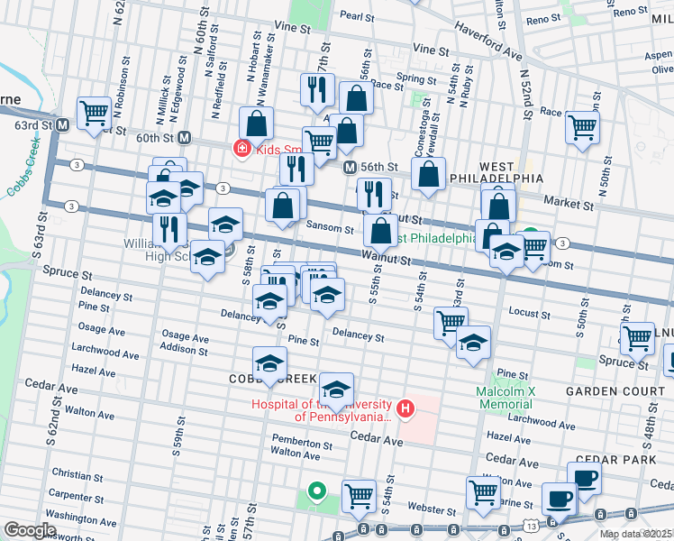 map of restaurants, bars, coffee shops, grocery stores, and more near 5560 Chancellor Street in Philadelphia