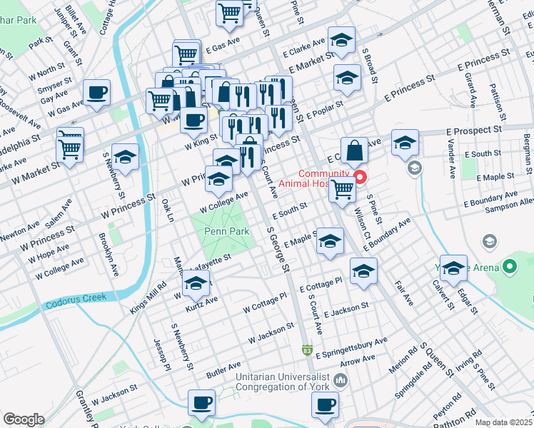 map of restaurants, bars, coffee shops, grocery stores, and more near 349 South George Street in York