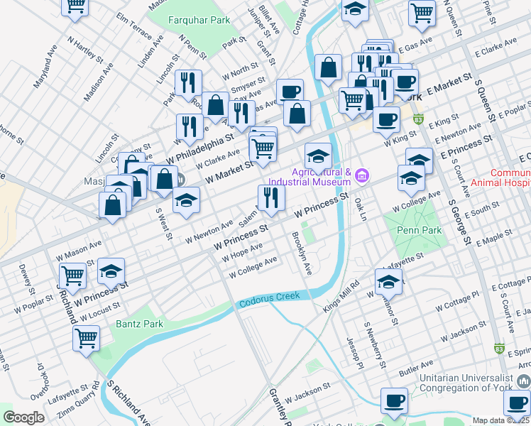 map of restaurants, bars, coffee shops, grocery stores, and more near 136 South Penn Street in York