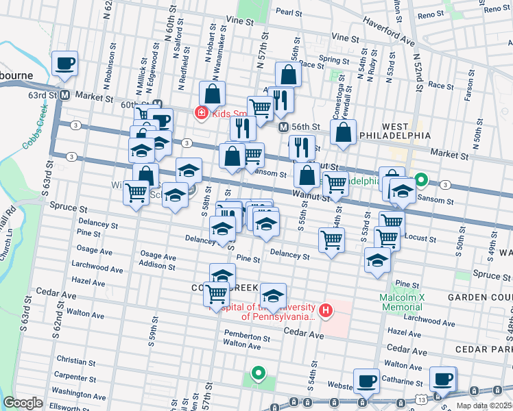 map of restaurants, bars, coffee shops, grocery stores, and more near 238 South Ithan Street in Philadelphia