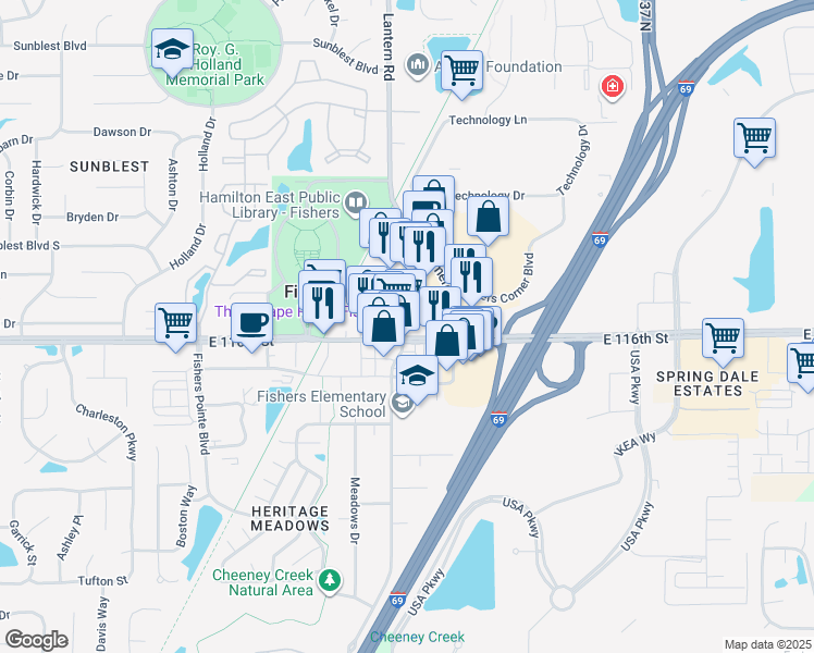 map of restaurants, bars, coffee shops, grocery stores, and more near 8890 East 116th Street in Fishers