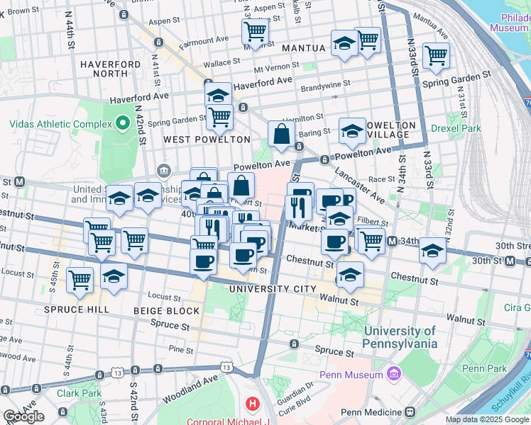 map of restaurants, bars, coffee shops, grocery stores, and more near 3817 Market Street in Philadelphia