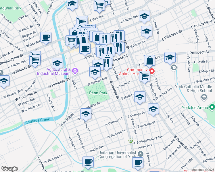 map of restaurants, bars, coffee shops, grocery stores, and more near 329 Lindberg Avenue in York