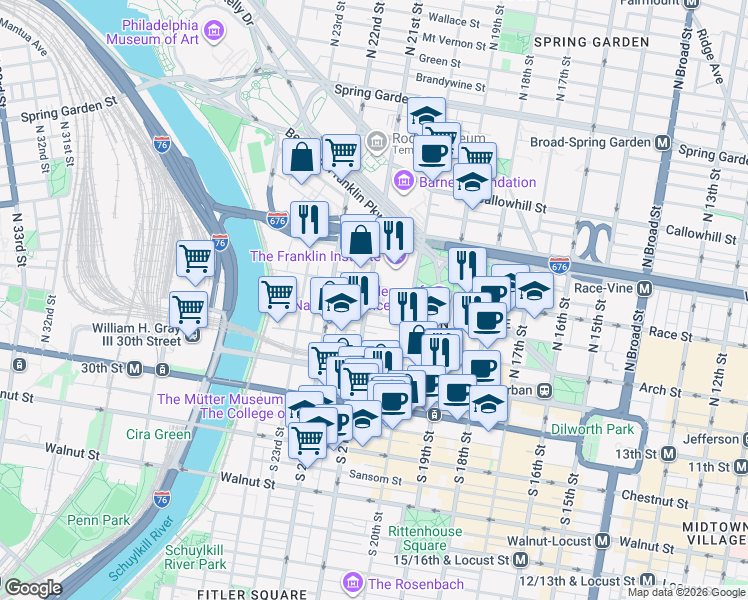 map of restaurants, bars, coffee shops, grocery stores, and more near in Philadelphia