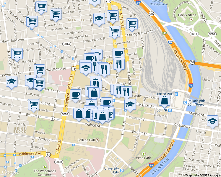 map of restaurants, bars, coffee shops, grocery stores, and more near 104 North Shedwick Street in Philadelphia