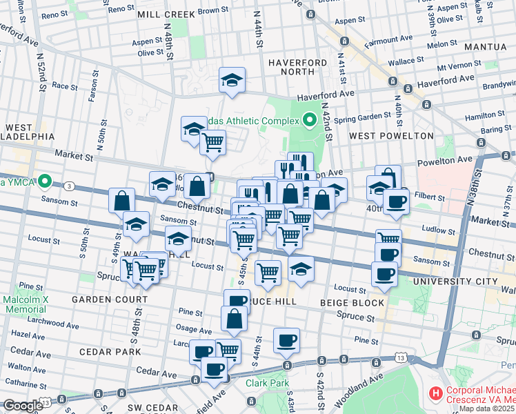 map of restaurants, bars, coffee shops, grocery stores, and more near 4501 Chestnut Street in Philadelphia