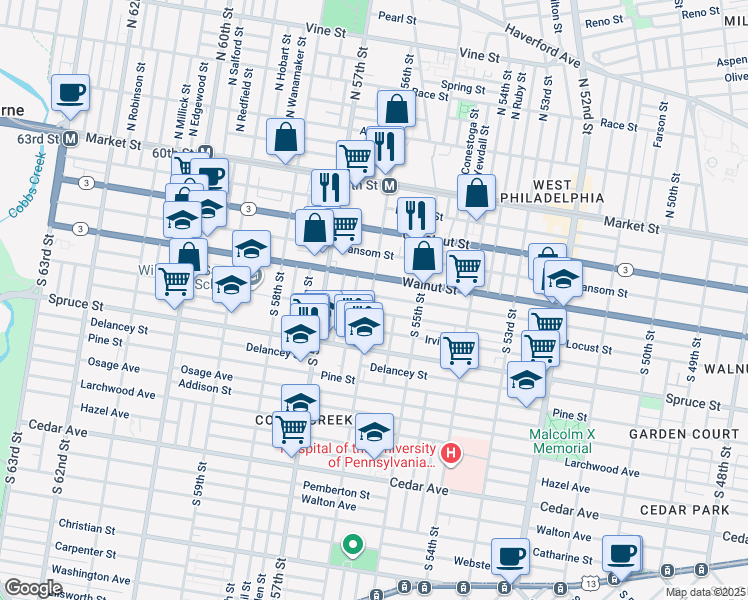 map of restaurants, bars, coffee shops, grocery stores, and more near 244 South 56th Street in Philadelphia