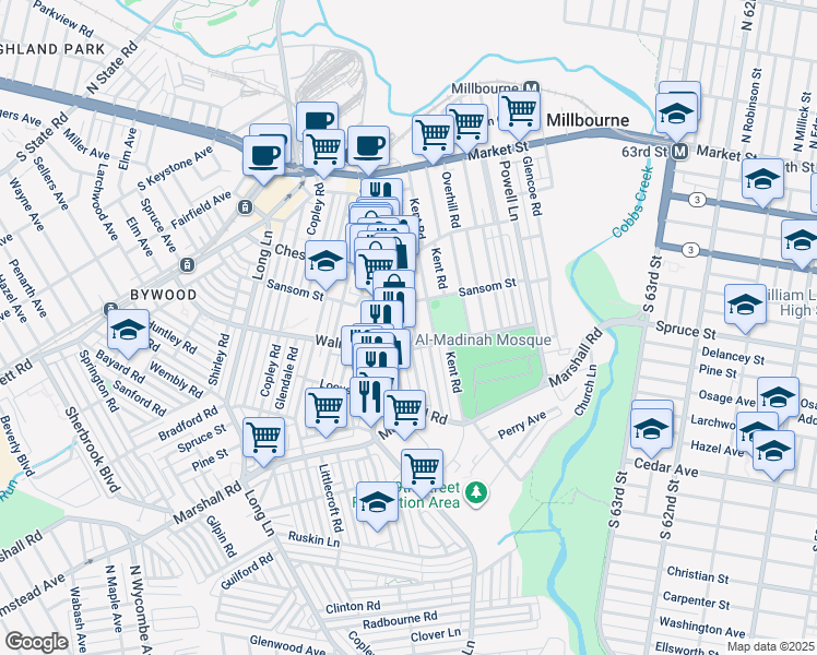 map of restaurants, bars, coffee shops, grocery stores, and more near 142 Heather Road in Delaware County
