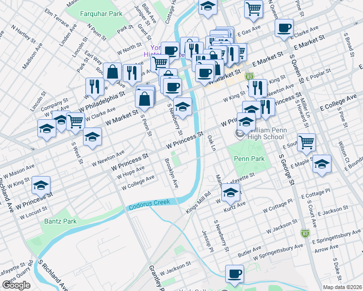 map of restaurants, bars, coffee shops, grocery stores, and more near 330 West Princess Street in York