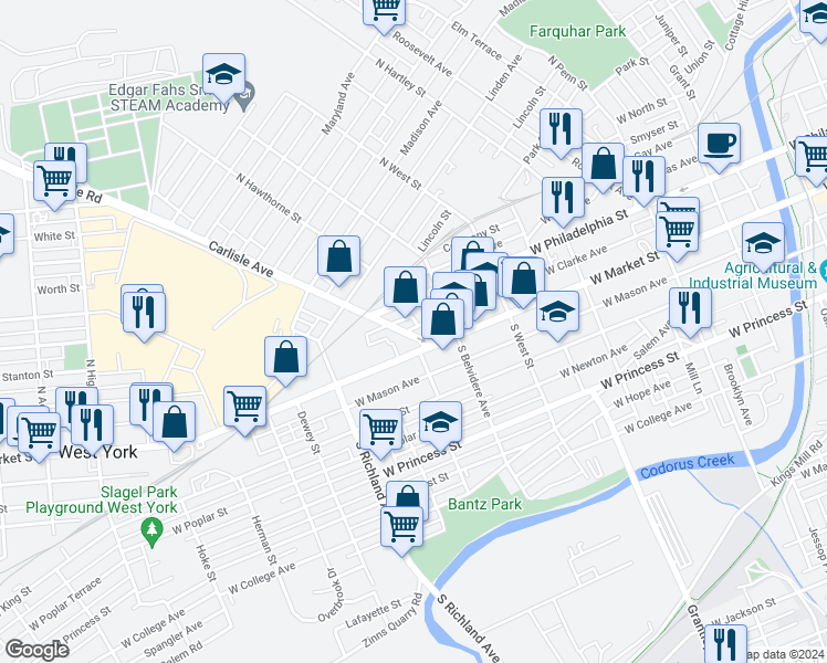 map of restaurants, bars, coffee shops, grocery stores, and more near 48 Carlisle Avenue in York