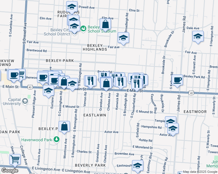 map of restaurants, bars, coffee shops, grocery stores, and more near 2774 East Main Street in Bexley