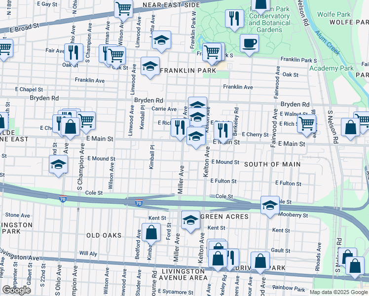 map of restaurants, bars, coffee shops, grocery stores, and more near 458 Miller Avenue in Columbus