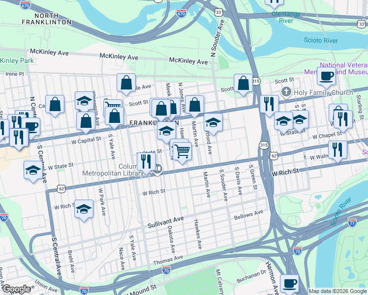 map of restaurants, bars, coffee shops, grocery stores, and more near 108 Hawkes Avenue in Columbus