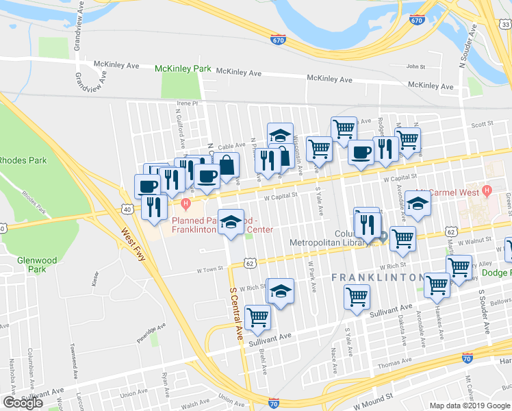 map of restaurants, bars, coffee shops, grocery stores, and more near 52 Dana Avenue in Columbus