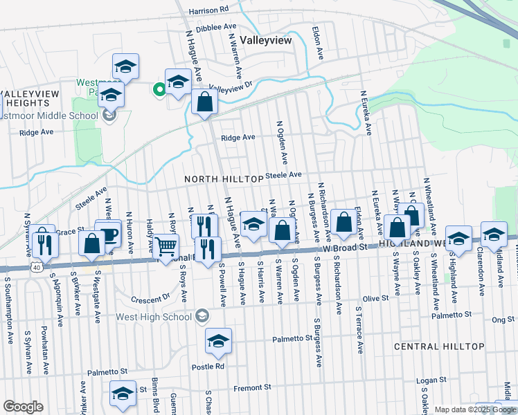 map of restaurants, bars, coffee shops, grocery stores, and more near 98 North Harris Avenue in Columbus