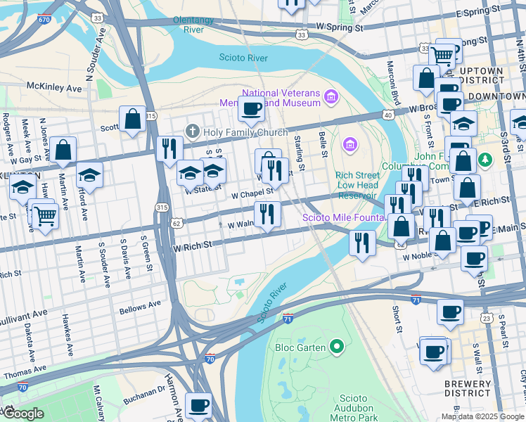 map of restaurants, bars, coffee shops, grocery stores, and more near 185 Mc Dowell Street in Columbus